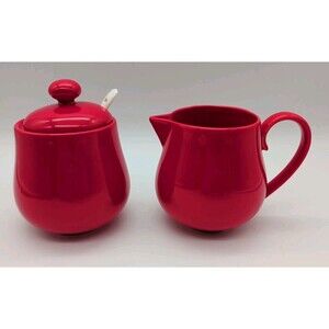 Sweese Creamer & Covered Sugar Dish Bright Red Porcelain